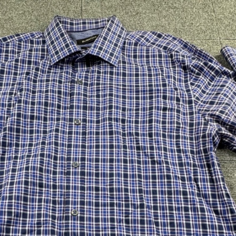 Bugatchi Shaped Fit Plaid Button Down Shirt Blue White Purple Mens XL